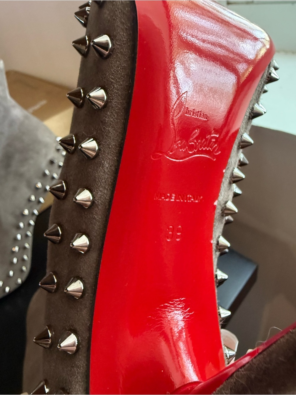 Christian Louboutin Gray Suede Studded Ankle Boots with Red Sole - Picture 9 of 11